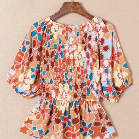 Apricot Boho Flower Print Puff Sleeve Peplum Top blouse V-Neck - Picture 6 of 13